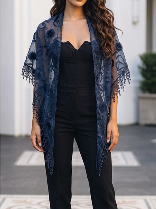 No Name Accessories - Sheer Navy Lace Shawl Wrap with Beaded Fringe